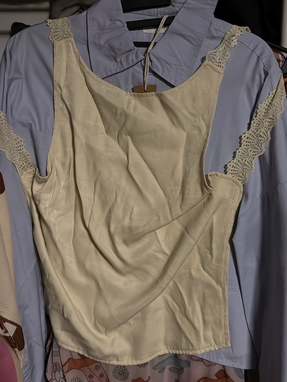 Cream Lace-Trim Backless Tank Top